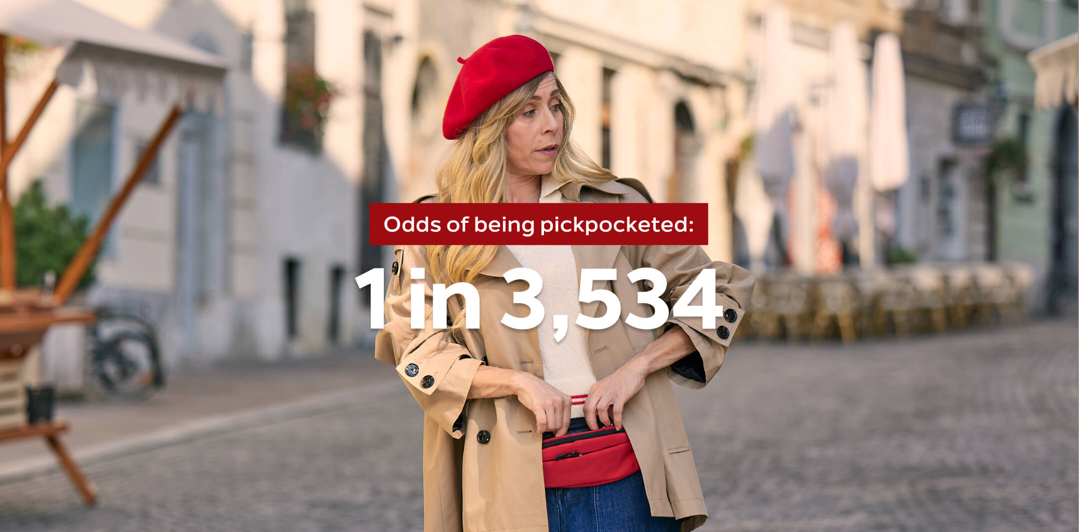 a well-dressed tourist on a vacation being mindful of her belongings. 